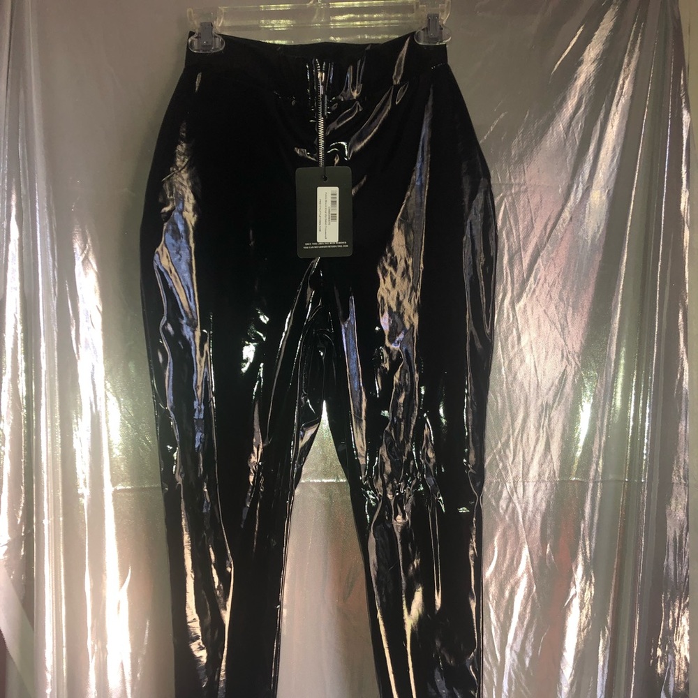 PrettyLittleThing Petite Black Vinyl Zip Pants
